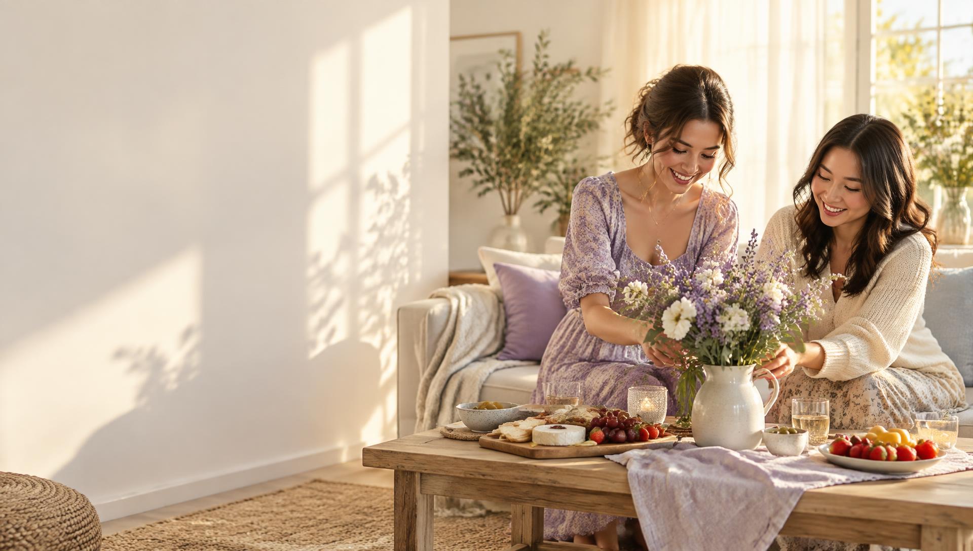 Friends arranging flowers and a sunny spread at home
