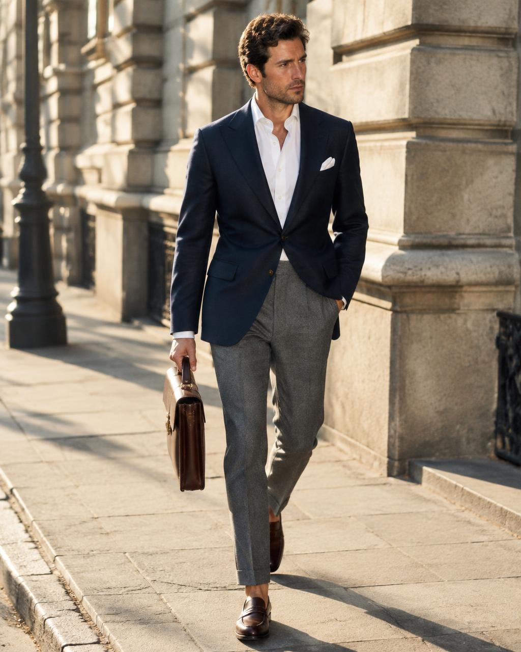 Navy blazer with grey trousers, white shirt and brown loafers on a city street