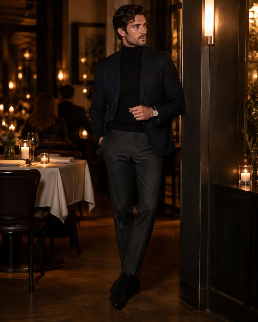 Navy blazer with black turtleneck and charcoal trousers in a candlelit restaurant
