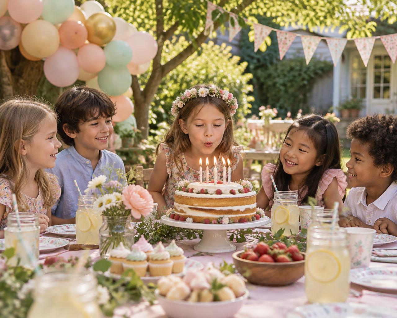 Children around a garden table as a girl blows out candles on a layered cake