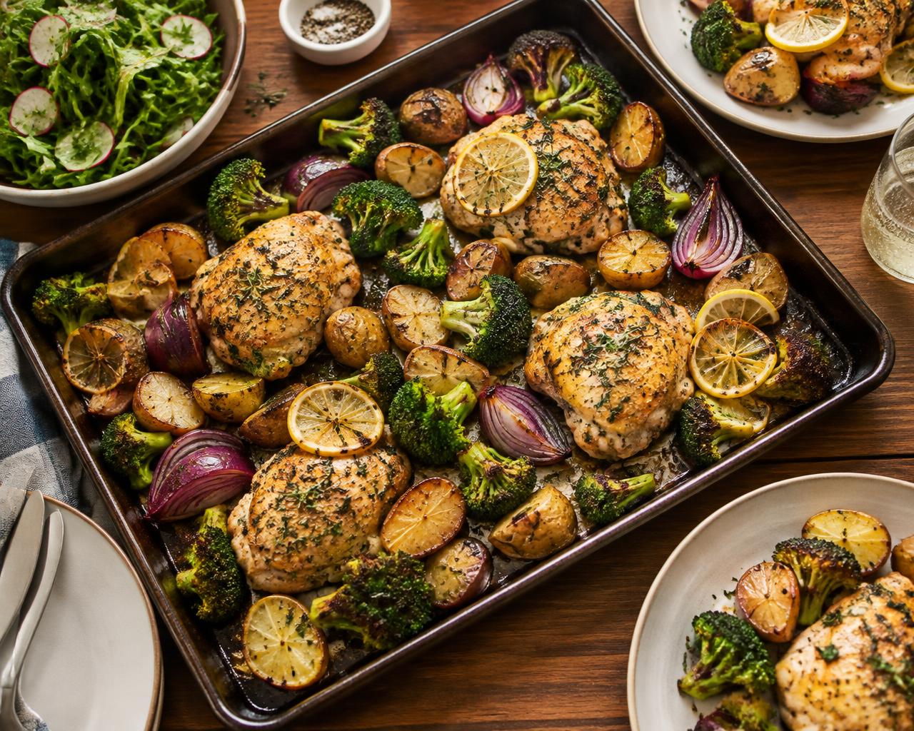 Sheet pan of lemon herb chicken with roasted potatoes, broccoli and red onion
