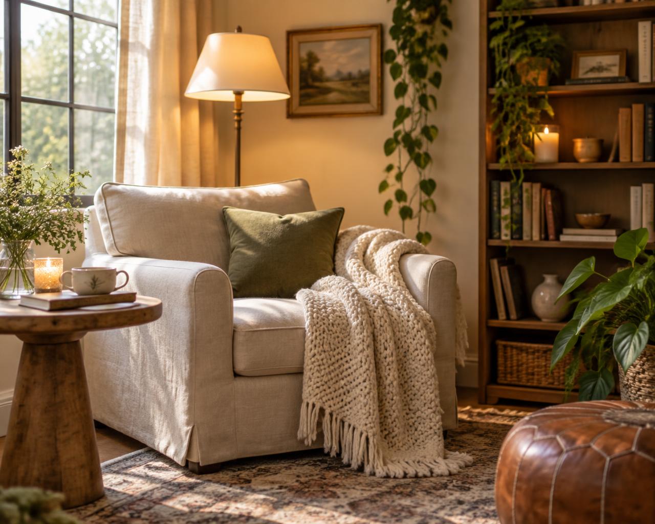 Linen armchair with knit throw beside a floor lamp and bookshelf in warm light