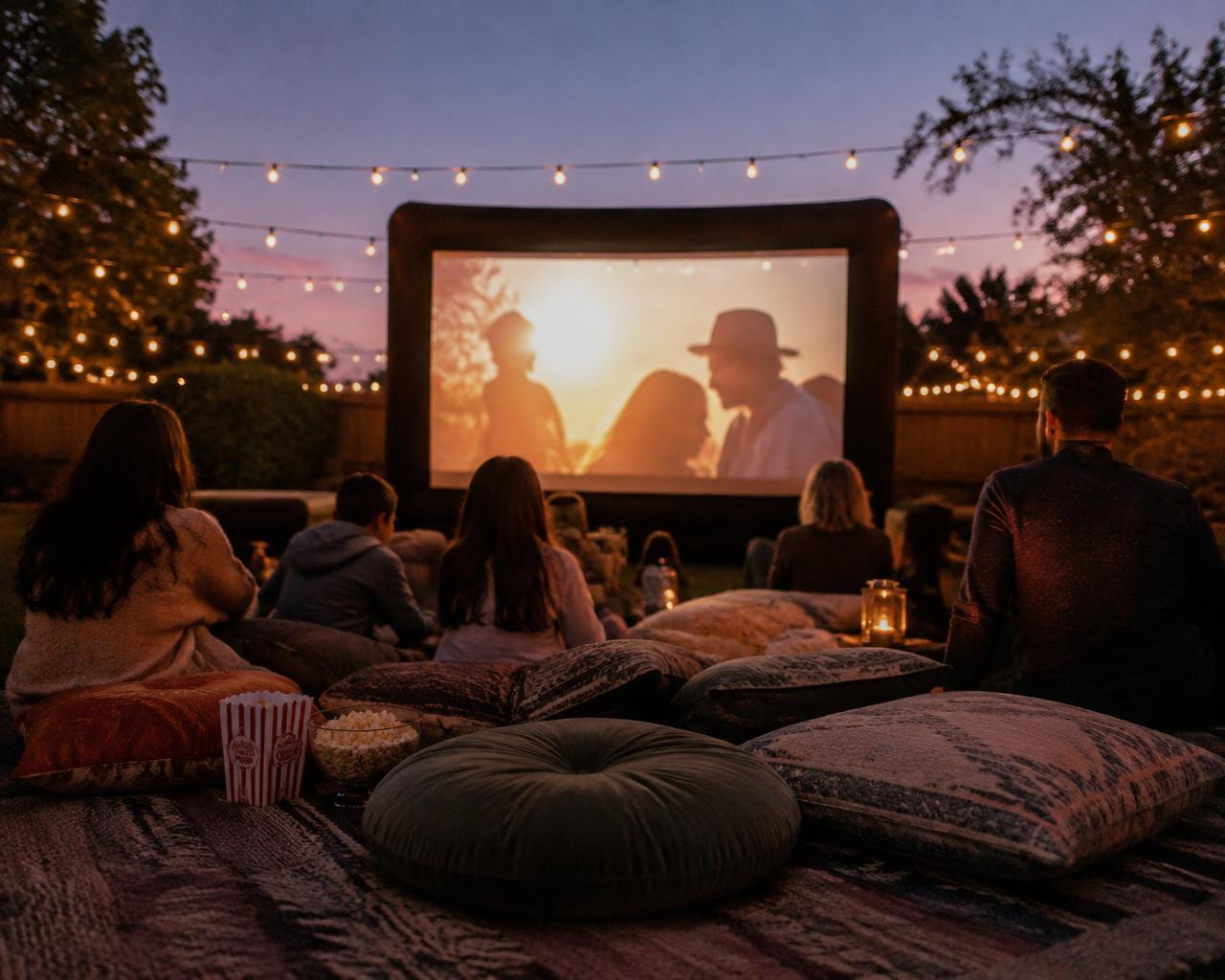 Family watching an inflatable outdoor screen under string lights at dusk