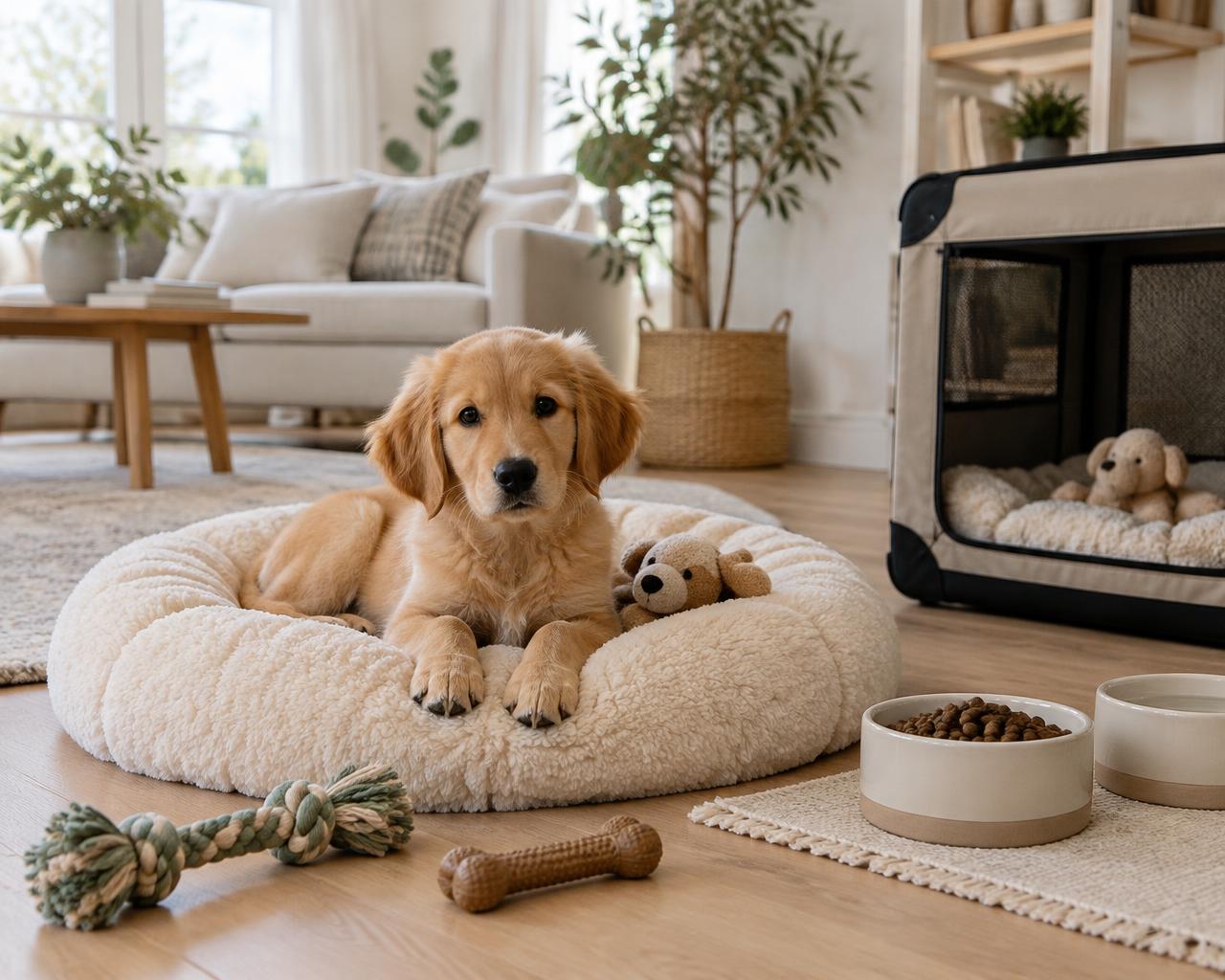 Golden puppy on a plush round bed beside bowls, toys and a soft crate